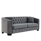 77-Inch Modern Chesterfield Velvet Sofa, 3-Seater Sofa, Upholstered Tufted Backrests with Nailhead Arms and 2 Cushions for Living Room, Bedroom, Apartment, Office (Grey)