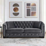 77-Inch Modern Chesterfield Velvet Sofa, 3-Seater Sofa, Upholstered Tufted Backrests with Nailhead Arms and 2 Cushions for Living Room, Bedroom, Apartment, Office (Grey)